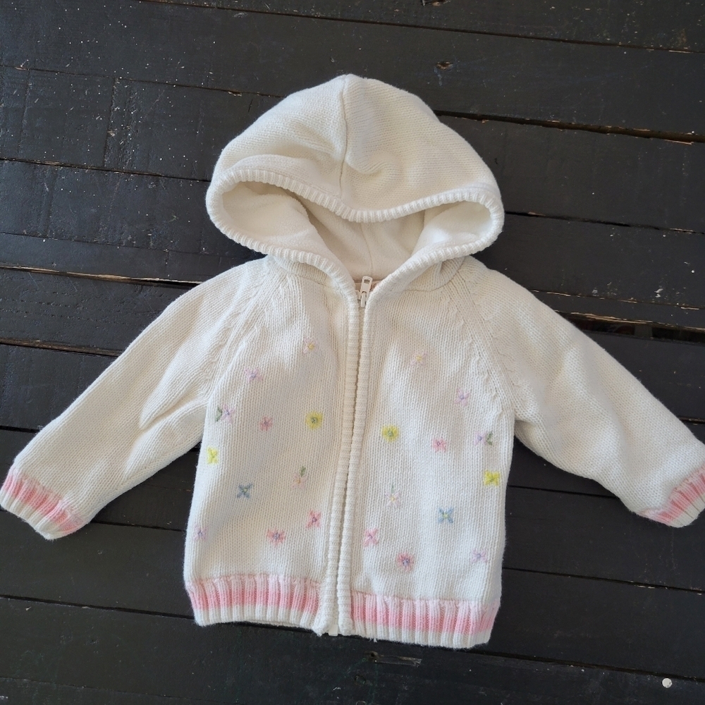 Joe's Baby Girl White Knit Jacket Full Zip 6-12 Months Embroidered Floral Hooded